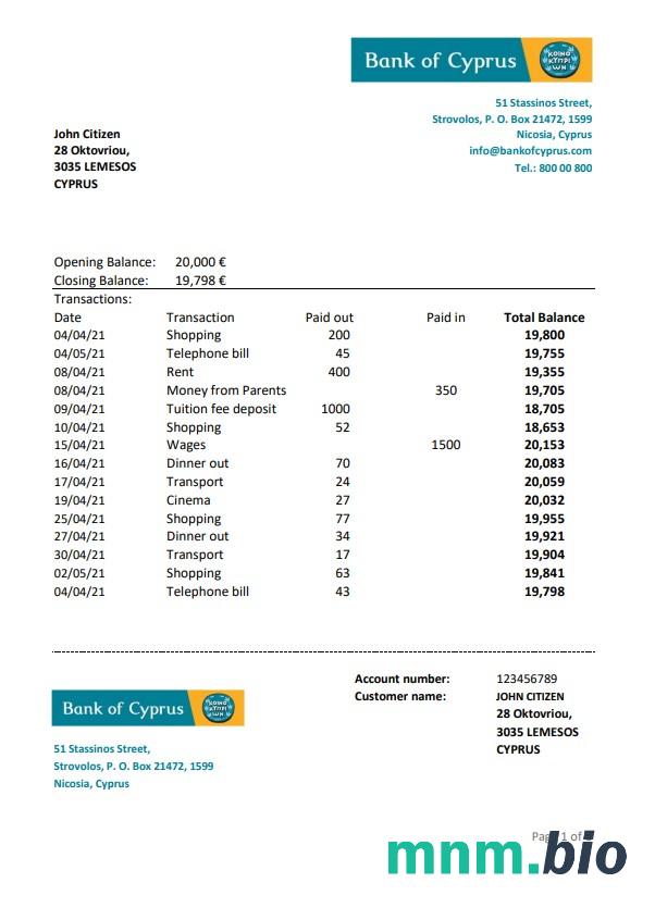 Cyprus Ancoria wzór wyciągu bankowego w formacie Word i PDF